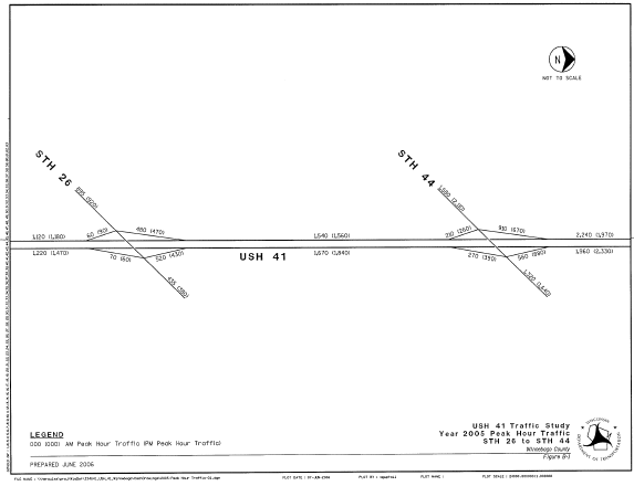 Diagram shows AADT during the AM and PM peak hours for STH 26 to STH 44, as described in preceding paragraph.
