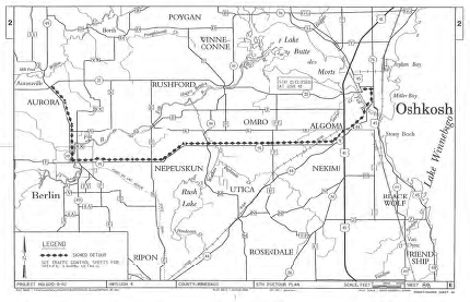 Map shows a signed detour route on highway 91 from Aurora, through Nepeuskun, to Oshkosh.