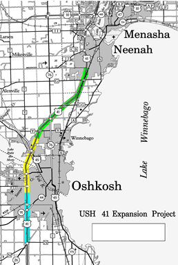 Map of the US 41 construction project area near Oshkosh on Lake Winnebago.