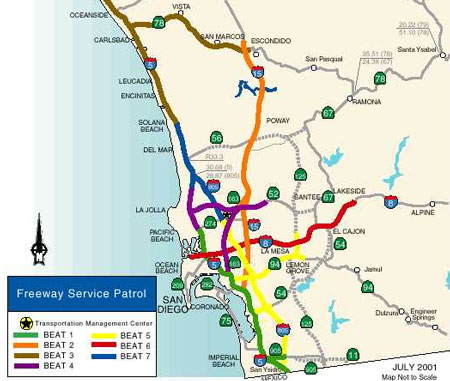 July 2001 map of Southern California from Oceanside to Imperial Beach showing the Transportation Management Center near Pacific Beach and Freeway Service Patrol Beats 1 through 7