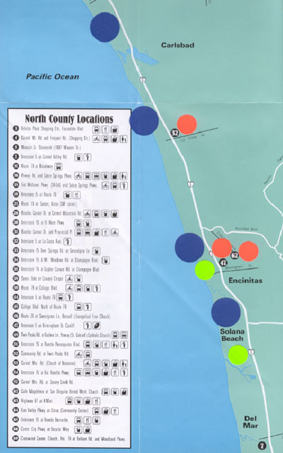 Map of North County Park & Ride locations along Route 5 showing locations 32, 47, 62, and 7 from Carlsbad to Del Mar