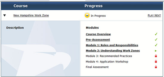 Screenshot of the New Hampshire Work Zone Web based training course, showing the course modules and course progress.
