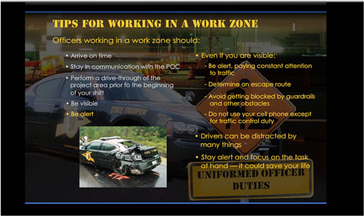 Screenshot of the New Hampshire Work Zone Web based training course, showing the Tips for Working in a Work Zone screen.