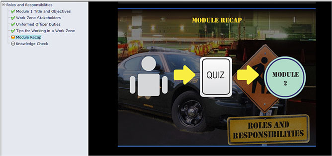 Screenshot of the New Hampshire Work Zone Web based training course, showing an online quiz at the end of a module.