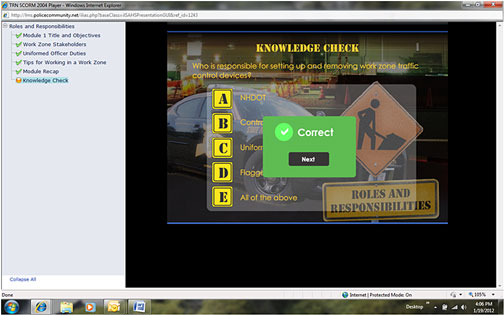 Screenshot of the New Hampshire Work Zone Web based training course, showing an online knowledge check at the end of a module.
