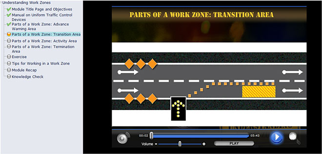 Screenshot of the New Hampshire Work Zone Web based training course, showing a Parts of a Work Zone Transition Area screen, with an image of a work zone traffic control area and with video controls at the bottom of the screen.