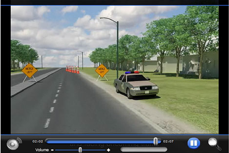 Screenshot of the New Hampshire Work Zone Web based training course, showing an image of an animated case scenario and with video controls at the bottom of the screen.