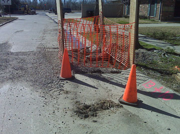 Photo of two orange cones on a roadway tapering to an area blocked off by orange netting.