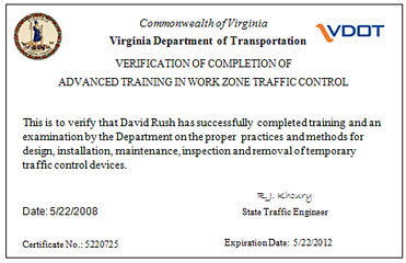 Image of a VDOT Verification of Completion of Advanced Training in Work Zone Traffic Control certificate.