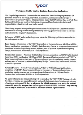 Page from a VDOT Work Zone Traffic Control Training Instructor Application listing the course qualifications.