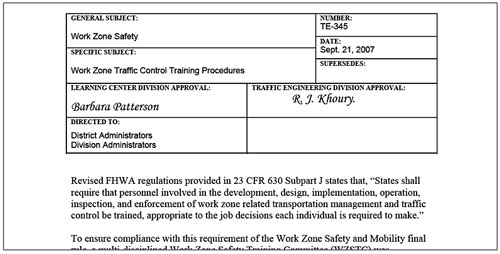 Part of a page of the VDOT Work Zone Traffic Control Training Procedures, showing subject, date, and approval signatures.