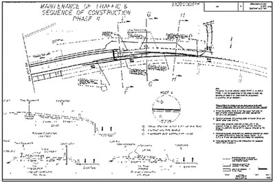 Engineering plan drawing showing maintenance of traffic and sequence of construction on a roadway.