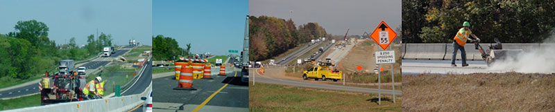 Photos of (a) two workers in helmets and orange safety vests next to a work vehicle in a work zone, (b) drums and barricades at the end of a Jersey barrier on a roadway, (c) a reduced speed caution sign and a $250 Speeding Penalty plaque next to a work zone, and (d) a worker in a helmet and orange safety vest in a work zone.