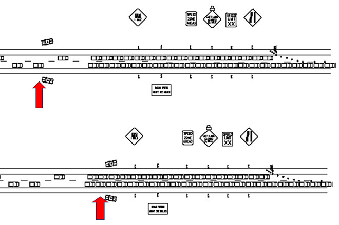 Drawing of two work zones showing traffic queues in advance of Road Work warning signs.