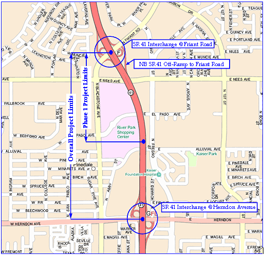 Map of overall and phase 1 project limits, showing interchange at Friant Road, off-ramp to Friant Road, and interchange at Herndon Avenue