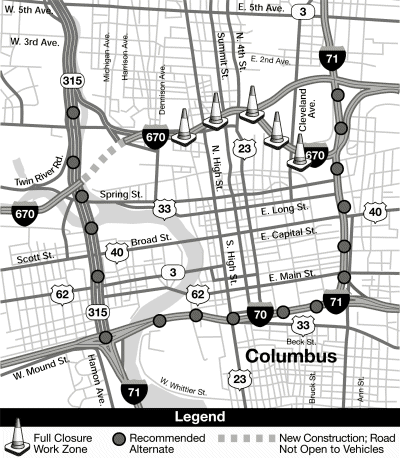 Figure 10 shows the city of Columbus, Ohio.  Cones indicate that a section of I-670 is closed to traffic for rehabilitation.  Dots indicate that routes 71, 70, and 315 are recommended as detour routes around the city.