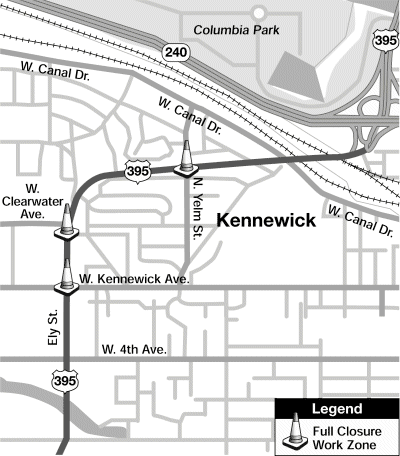 Figure 13 shows Kennewick, Washington and surrounding area.  Cones indicate that the three intersections on SR 395 are closed for rehabilitation:  N. Yelm and 395, W. Clearwater and 395, W. Kennewick Ave. and 395.