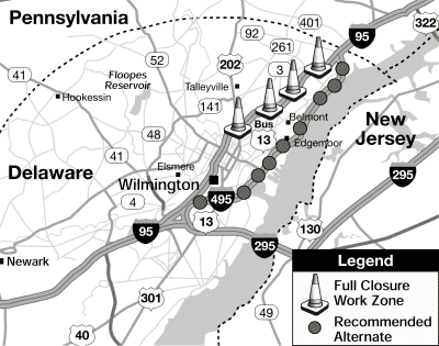 Figure 14 shows Wilmington, Delaware and surrounding area.  Cones indicate that that I-95 from Route 202 to the Pennsylvania State line is closed.  Dots indicate that I-495 is recommended as an alternate route.