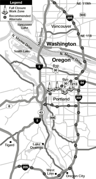 Figure 2 of Portland Oregon and surrounding area.  Cones indicate that the segment under construction is fully closed to traffic.  Dots indicate the recommended alternate routes which include I-205 for traffic traveling north or south; state routes 30 and 26 are recommended as detour routes into the city of Portland.