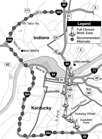 Figure 5 shows Louisville and surrounding area.  Cones indicate that a segment of I-65 through the city is fully closed for rehabilitation.  Dots along I-265 around the city indicate its status as the recommended alternate route.
