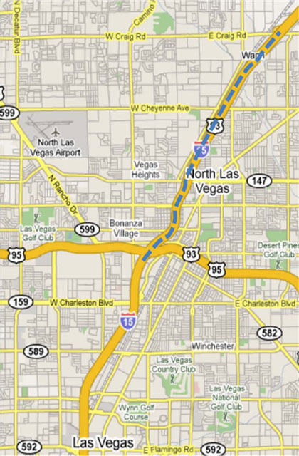 The figure shows a Google map of I-15 in Las Vegas with the section between I-215 and Sahara Avenue highlighted as the location of the express lanes widening project.