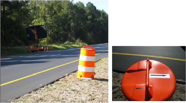 The figure shows a portable traffic sensor being used for work zone traffic monitoring.  It is a plastic channelizing drum and arrow on the top indicating the side of the drum that should be facing traffic.
