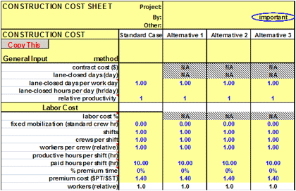 Screenshot - Figure 7 shows a sample screenshot from the Michigan CO3 spreadsheet, showing the construction cost module.