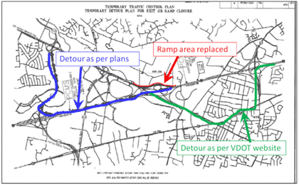 Map - Figure 21 shows the Virginia Department of Transportation designated detour for I-66 ramp closure. (Source: Virginia Department of Transportation.)