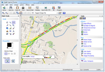 This graphic is a screen capture of software that tracks traffic on a map of a metropolitan area.