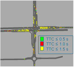 This graphic shows a section of highway with intersections and color indicators for vehicles, where different colors indicate estimated time to collision.