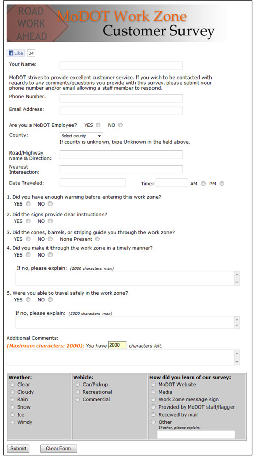 A screen shot from a web site shows a sample customer survey with fields for entering data related to a work site on a highway.