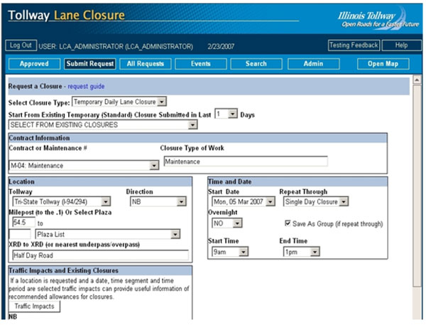 A screen shot shows a web site that provides information and graphics related to a tollway lane closure  project.
