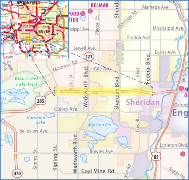 Map shows the location of the US 285 Project.