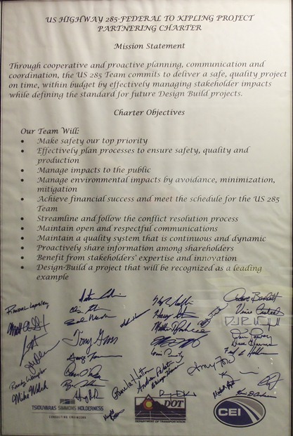 Partnering Charter of the US 285 Project, including a mission statement, charter objectives, and signatures of project participants.