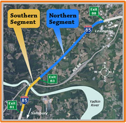 An aerial photograph shows a portion of Interstate 85. The map has highlighting and labels that indicate the northern and southern segment, exit numbers, and directional indicators to adjacent cities.