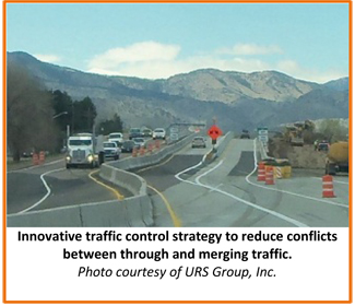 A picture shows a highway construction zone with temporary lane boundaries set up to isolate the work zone. Caption: Innovative traffic control strategy to reduce conflict between through and merging traffic. Photo courtesy of URS Group, Inc.
