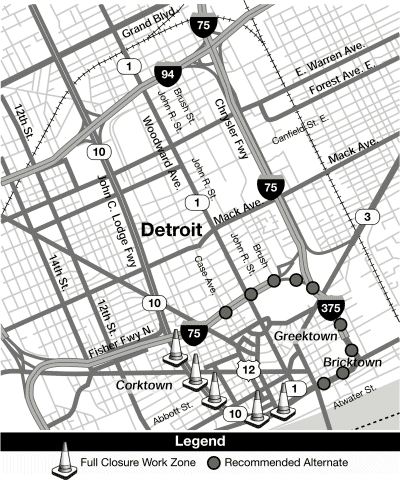 Figure 7 shows downtown Detroit.  Cones along a section of M-10 indicate that the roadway is closed for rehabilitation.  Dots indicate that I-75 and I-375 are recommended as alternate routes.