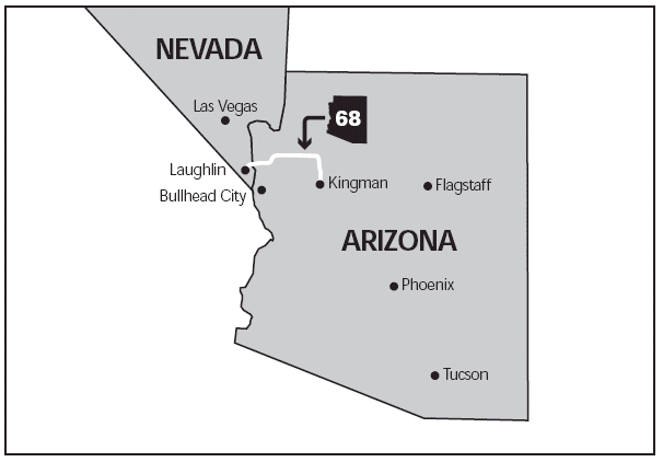 This figure shows a map highlighting the project location. The map includes the entire state of Arizona as well as the southern portion of Nevada. State Route 68 is highlighted as an east-west highway connecting Kingman, Arizona, and Laughlin, Nevada.