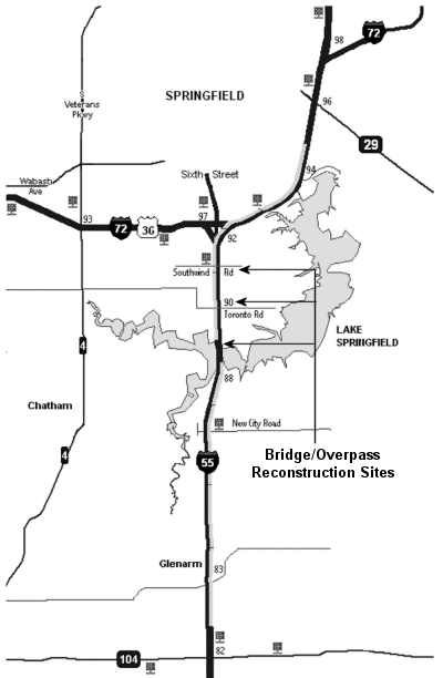 Figure 1 shows a screen image from the construction project Web site. Image is centered on Lake Springfield and Interstate 55. Small, square icons representing selected DMSs are also shown in this image. Arrows superimposed on the image indicate the location of the main construction activities. The Project and System Background section of the full document contains additional information.
