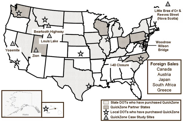 U.S. map showing distribution of QuickZone sales and case study locations