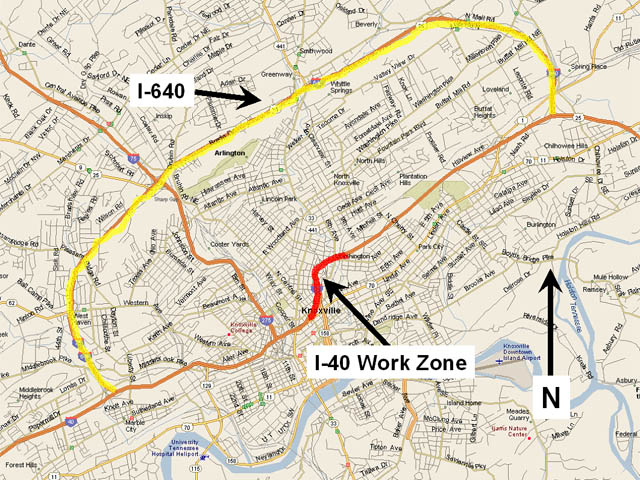 Map identifying the I-40 work zone, marked in red along a small area of downtown Knoxville, and the I-640 detour, marked in yellow in a large loop from southwest to northeast Knoxville