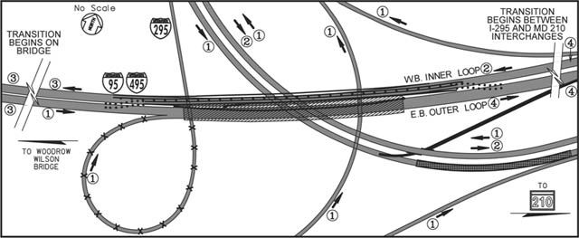 Diagram of construction zones on the Woodrow Wilson Bridge project east of the Potomac River