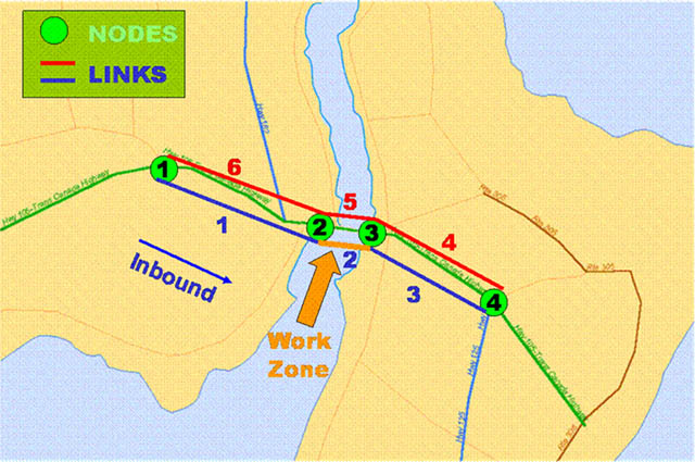 Diagram of the QuickZone network for the Little Bras d'Or Bridge, showing four nodes and six links between nodes in a northwest to southeast pattern