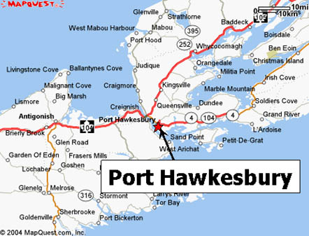 Map of Port Hawkesbury, Nova Scotia, showing Trunk 4 and Route 10