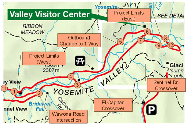 Map of Yosemite Valley, showing east-west roadways, east and west project limits, outbound change to one-way, the Wawona Road intersection, and El Capitan and Sentinel Drive crossovers