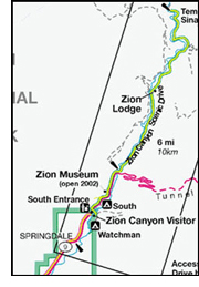 Map showing Zion National Park south visitors entrance