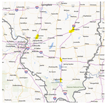 Map highlighting four areas east of St. Louis where smart work zones are deployed.