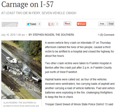Clip of a newspaper article whose headline reads 'Carnage on I-57' and 'At least two die in fiery, seven-vehicle crash.'
