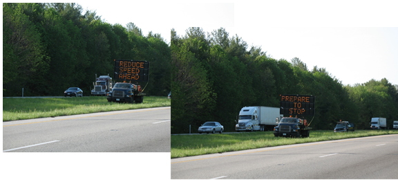 CMS mounted on a vehicle in a median flashing the message to approaching drivers 'reduce speed ahead' and 'prepare to stop.'