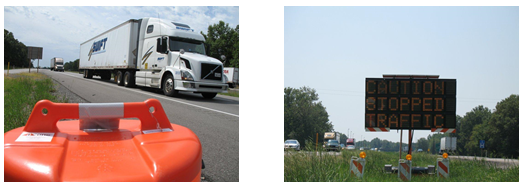 Two photos, one of an iCone barrel placed to the right of a roadway and one of a dynamic message sign warning travelers that traffic is stopped ahead.